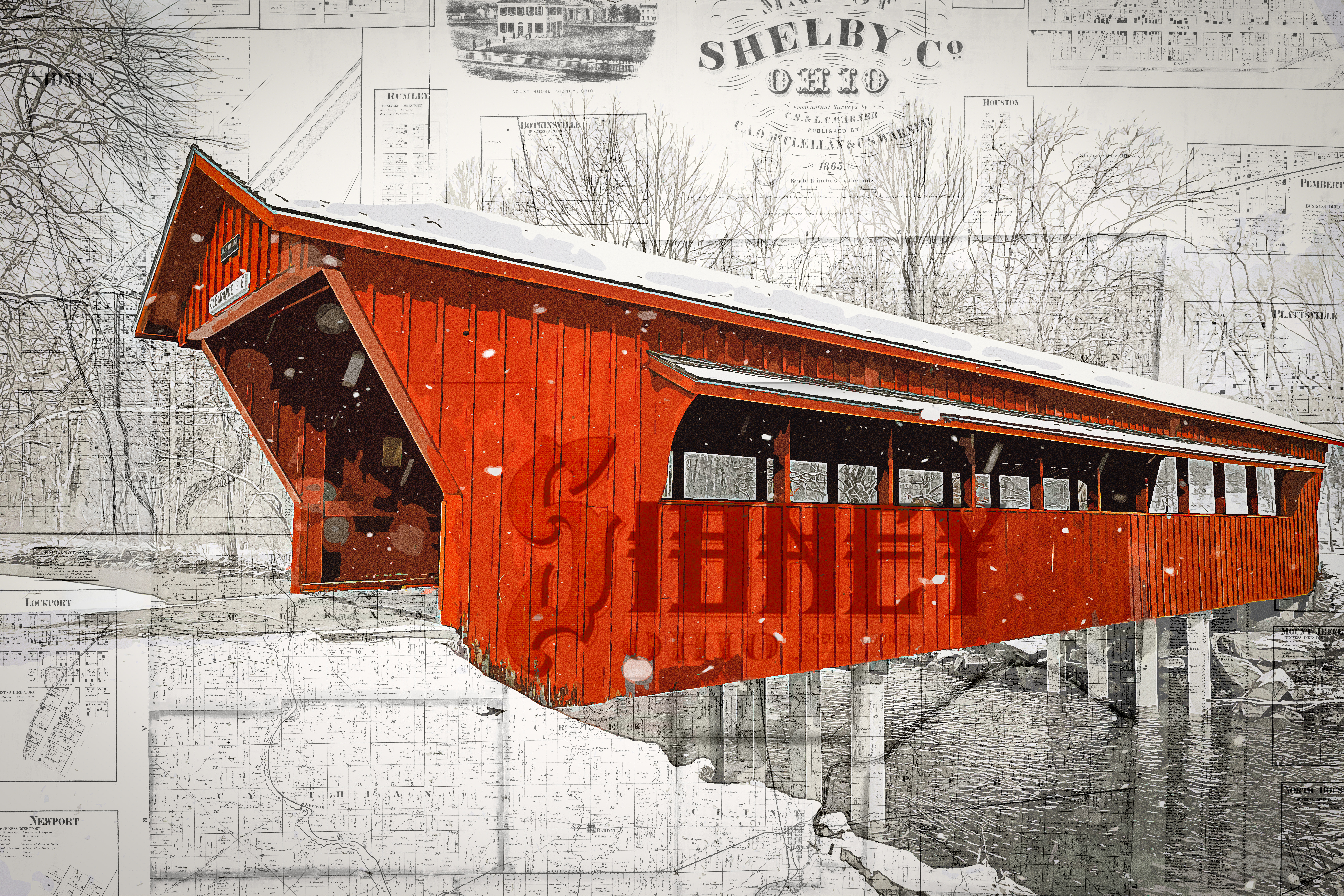 Mixed-media artwork combining Ross Covered Bridge in snow with historic Shelby County Ohio map imagery by Dan Sproul